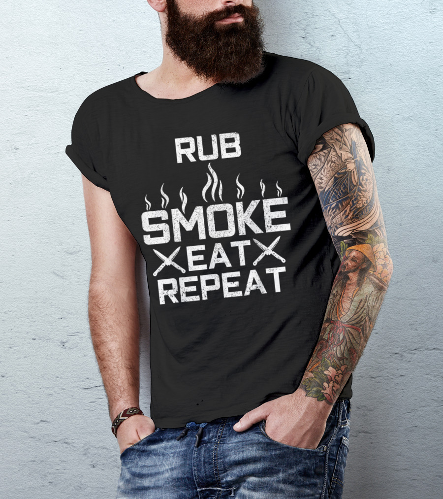 Rub Smoke Eat Repeat BBQ Chef Text With Knives And Smoke T-Shirt