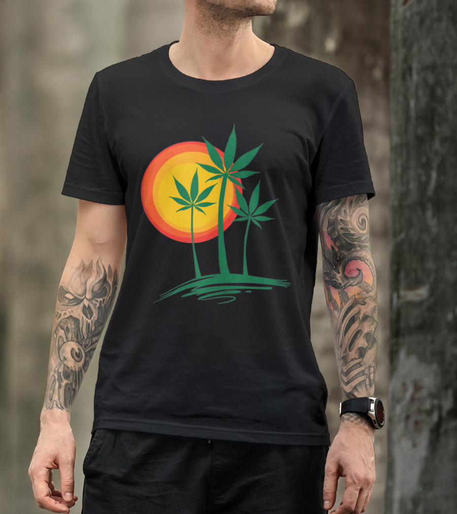 Beautiful Marijuana Weed Palm Tree Sunset Paradise T-Shirt