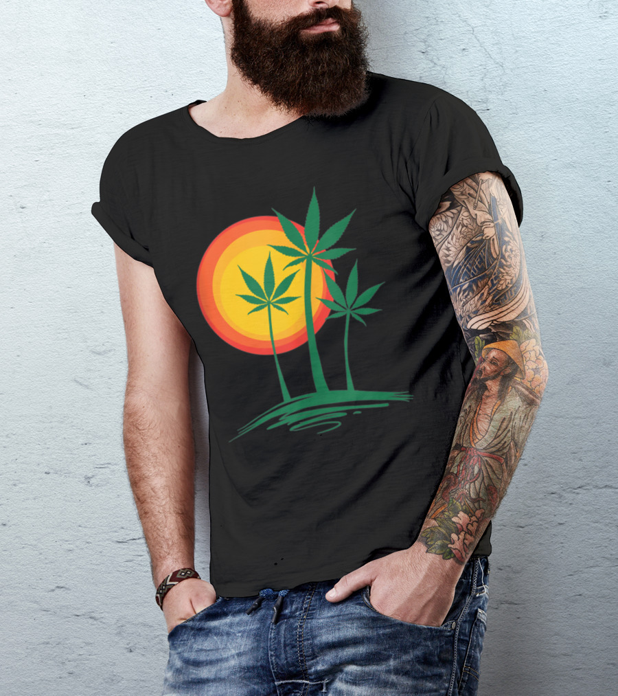 Beautiful Marijuana Weed Palm Tree Sunset Paradise T-Shirt