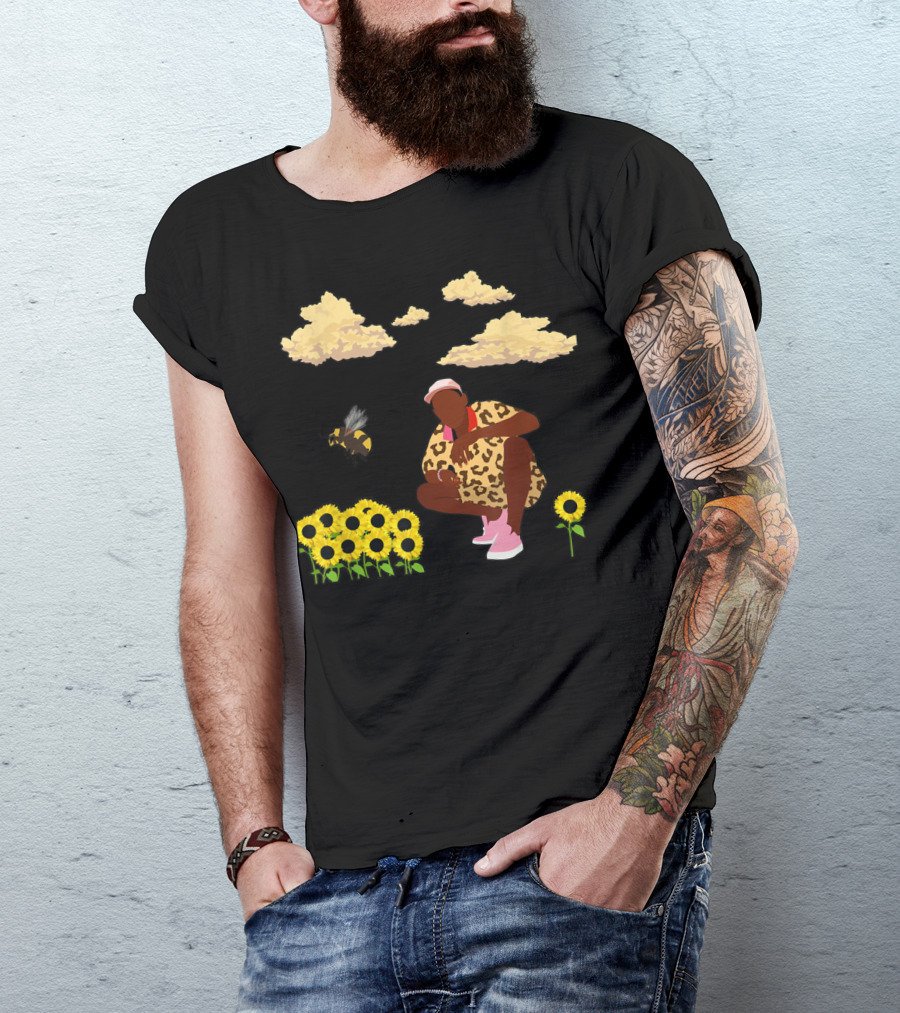 Flower Boy Sunflowers Clouds And Bee T-Shirt
