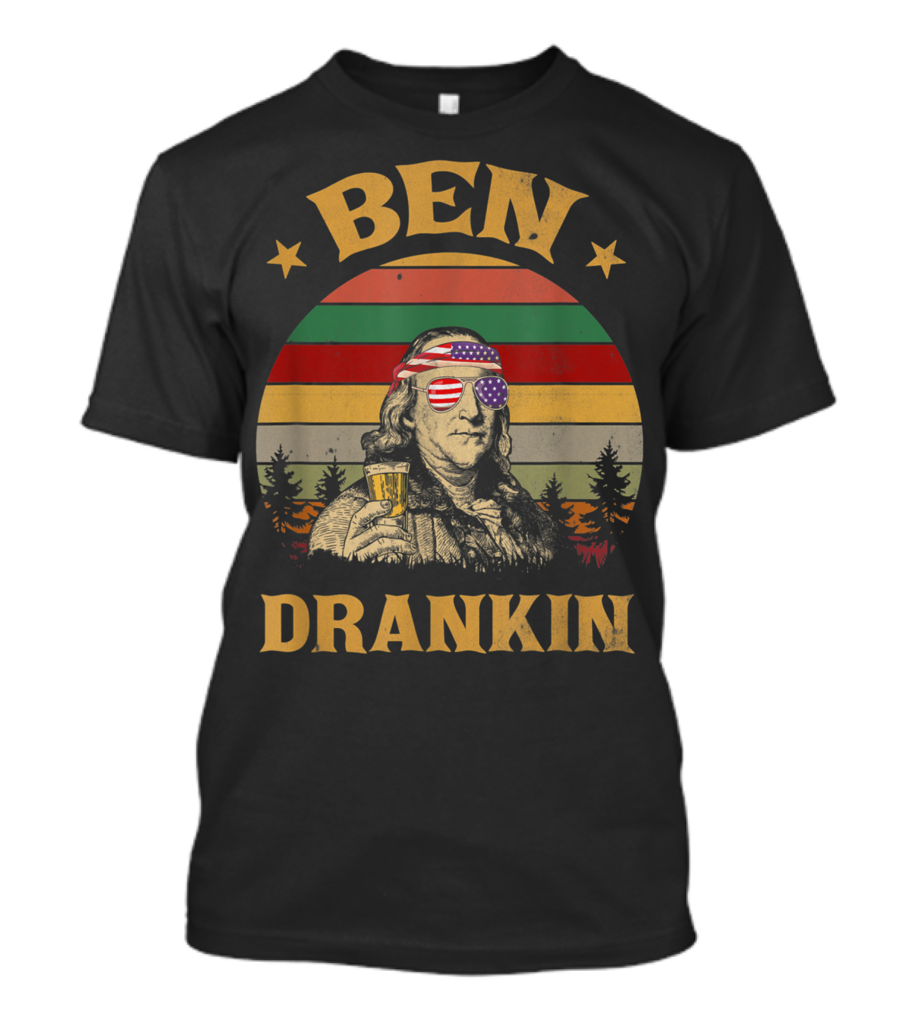 Ben Drankin 4Th Of July Vintage Benjamin Patriotic Retro American Flag Sunglasses Beer T-Shirt