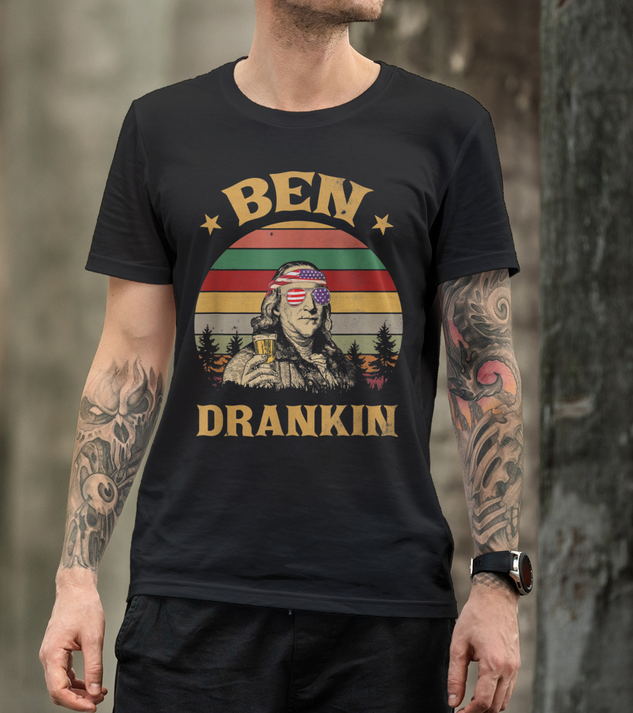 Ben Drankin 4Th Of July Vintage Benjamin Patriotic Retro American Flag Sunglasses Beer T-Shirt