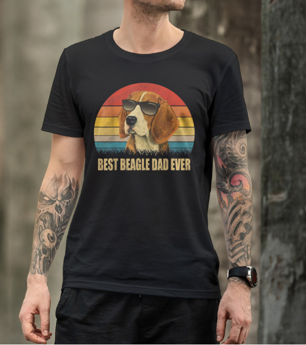 Best Beagle Dad Ever Sunglasses Retro Stripes T-Shirt