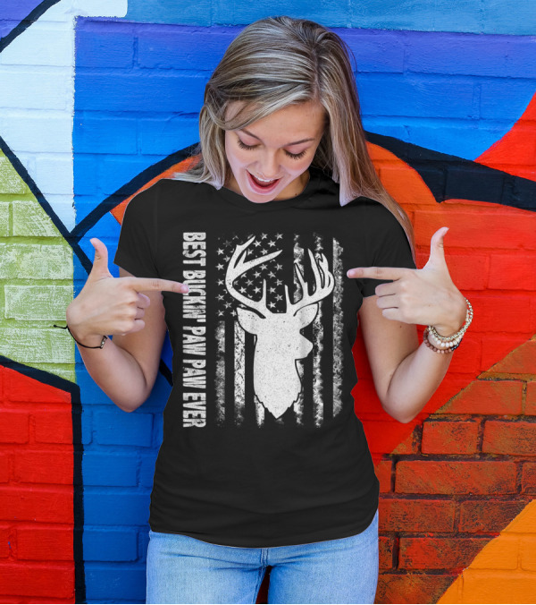 Best Buckin Paw Paw Ever USA Flag Deer Antlers T-Shirt