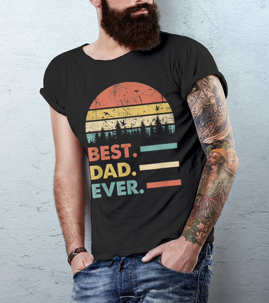 Best Dad Ever Papa Vintage Daddy Retro Sunset Forest T-Shirt