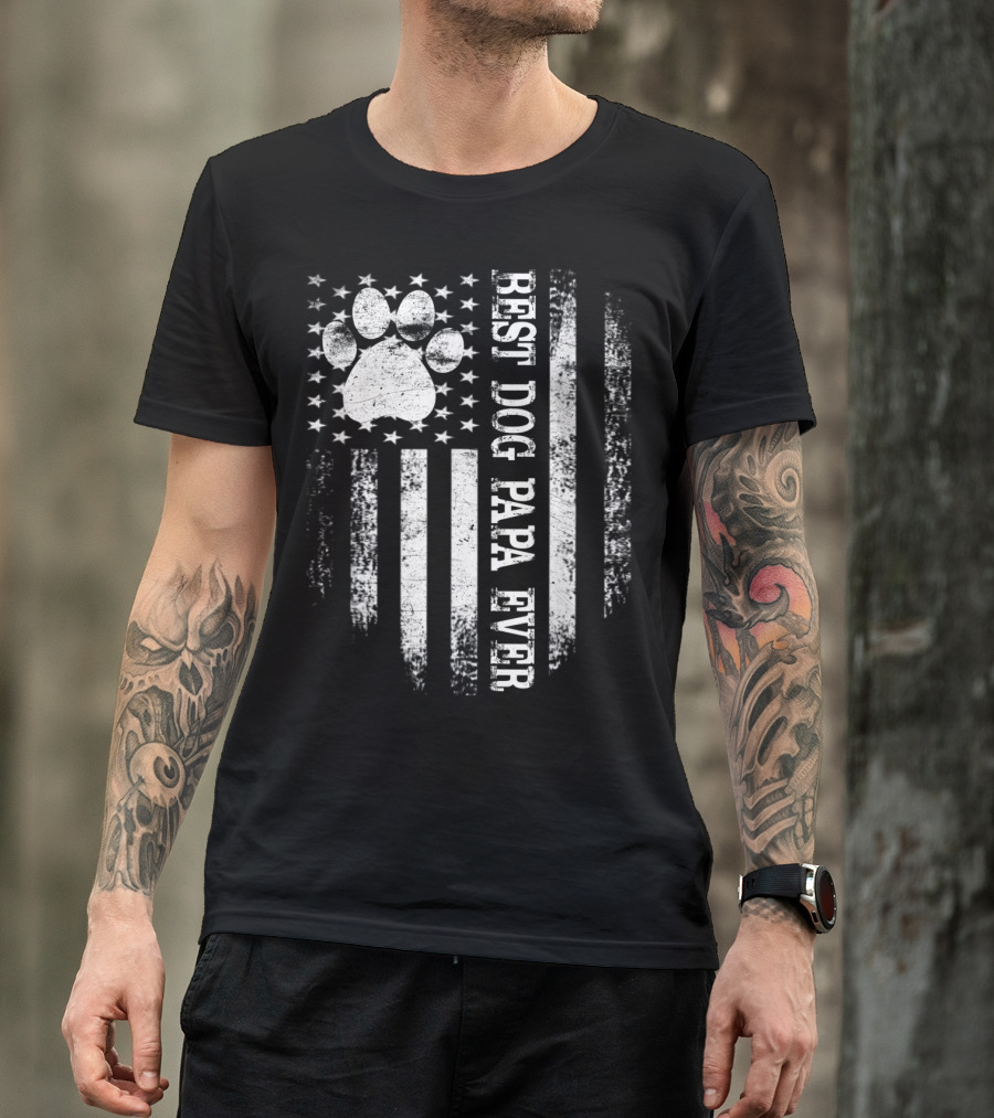 Best Dog Papa Ever American Flag Pawprint Stars Stripes T-Shirt