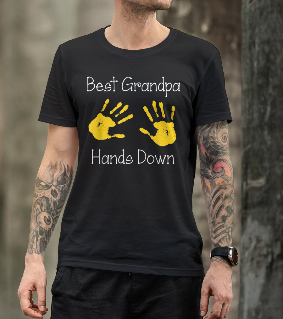 Best Grandpa Hands Down Yellow Handprints T-Shirt