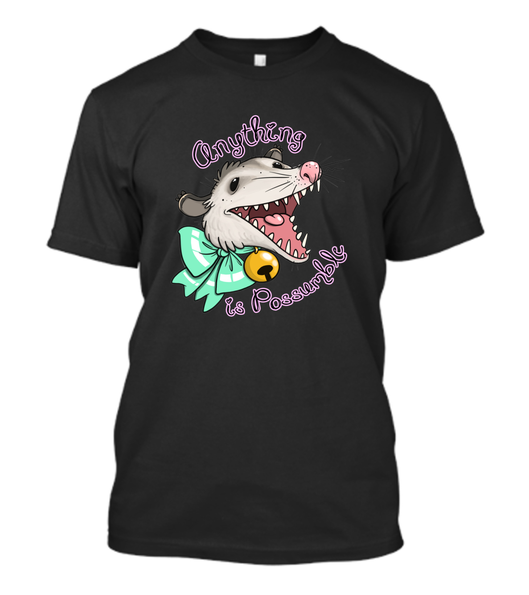 Anything Is Possumble Cute Cartoon Opossum With Bow And Bell T-Shirt