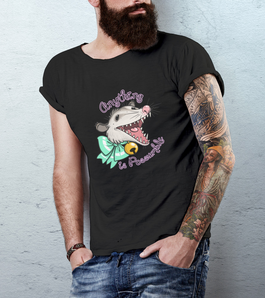 Anything Is Possumble Cute Cartoon Opossum With Bow And Bell T-Shirt