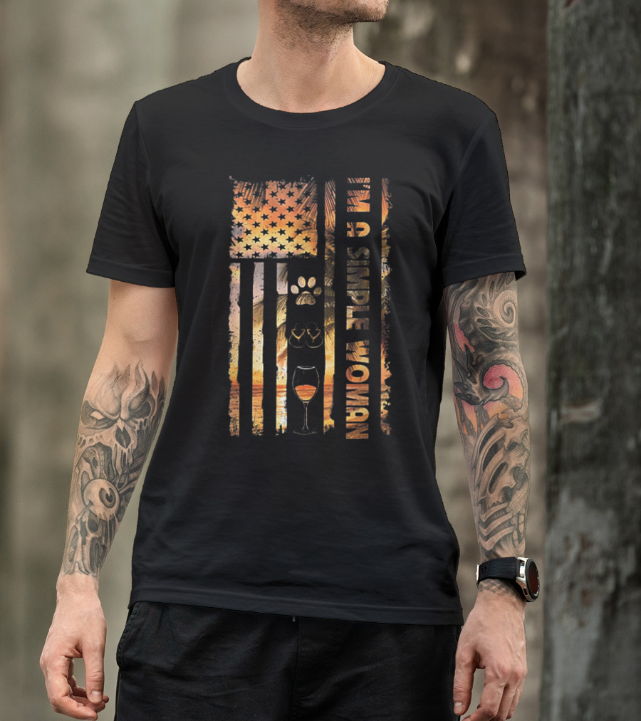 Im A Simple Woman Love Dog Flip Flop Wine American Flag Sunset T-Shirt