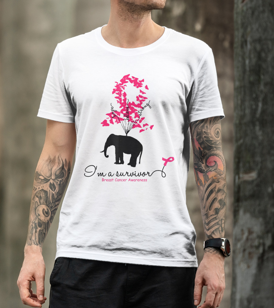 I'm A Survivor Pink Butterfly Elephant Breast Cancer Awareness T-Shirt