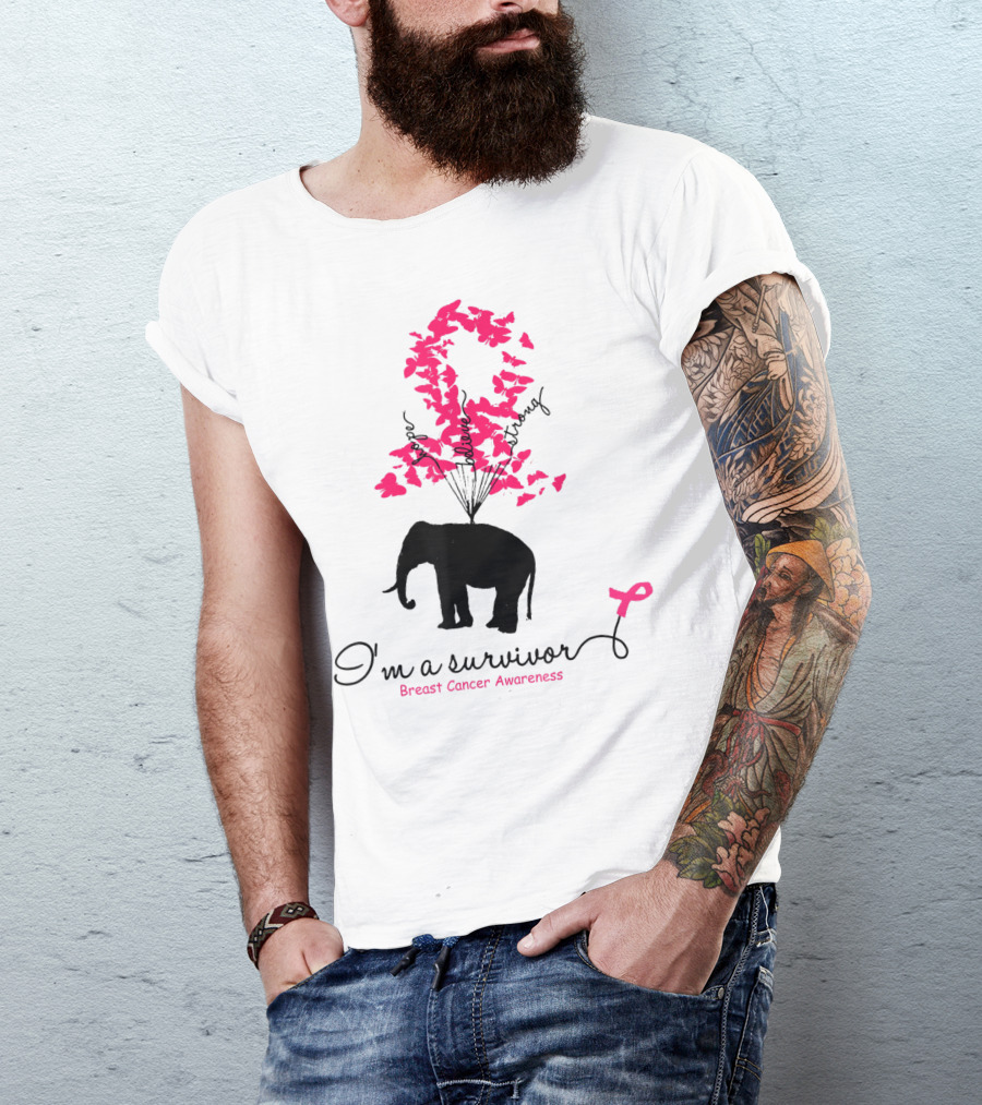 I'm A Survivor Pink Butterfly Elephant Breast Cancer Awareness T-Shirt