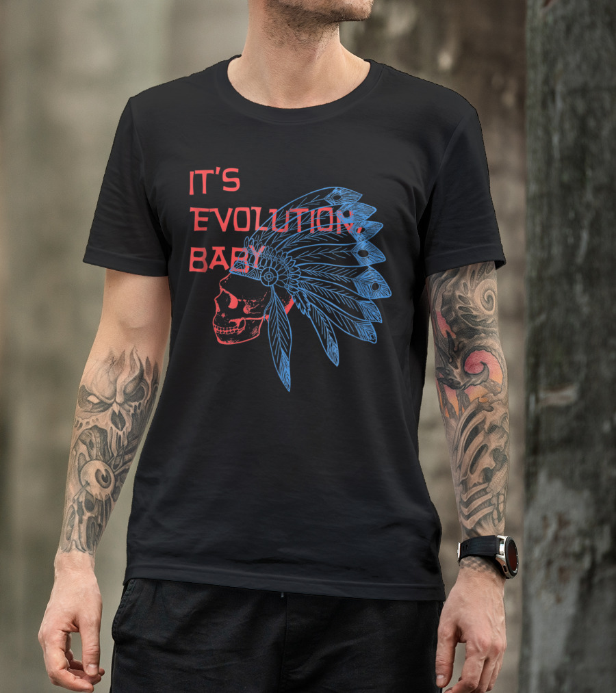 It's Evolution Baby Skull With Feathered Headdress Grunge T-Shirt