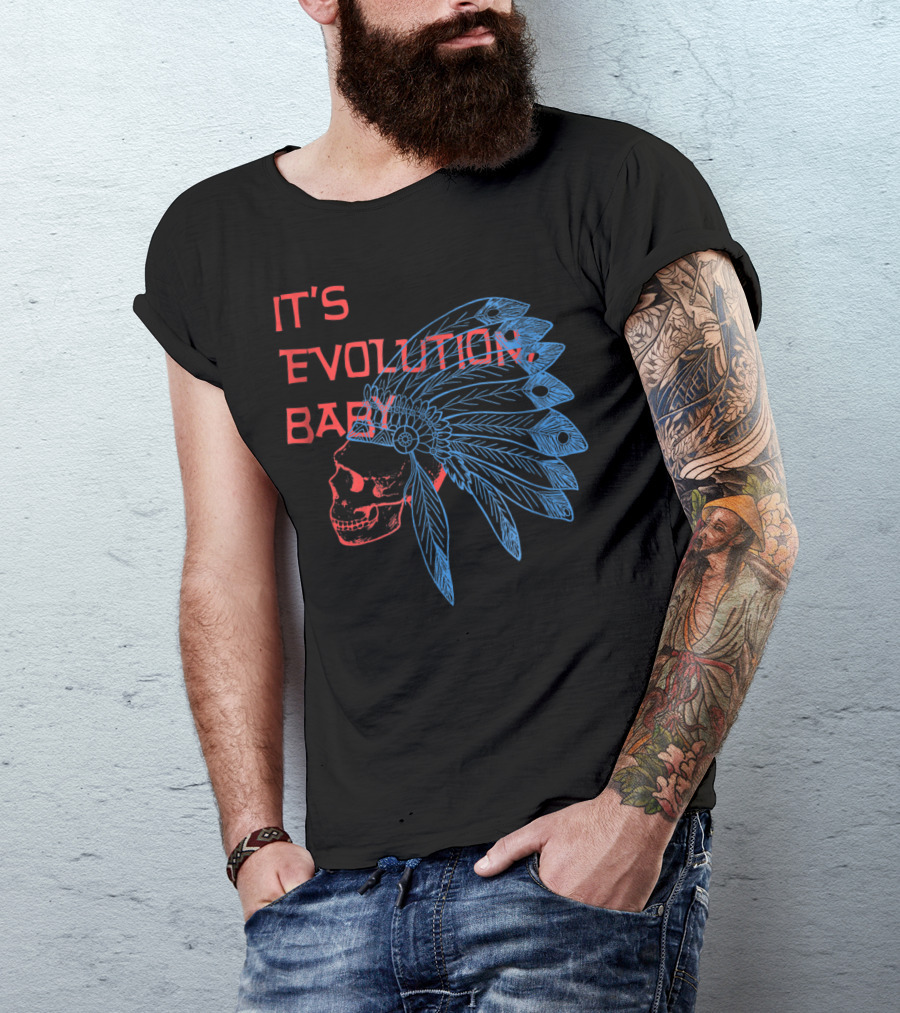 It's Evolution Baby Skull With Feathered Headdress Grunge T-Shirt