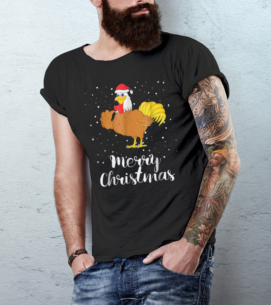 Merry Christmas Chicken Santa Hat Matching Family Group T-Shirt