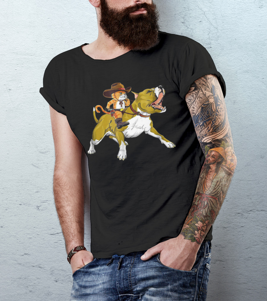 Cat Riding Pitbull Funny Kitty Kitten Cowboy Hat Gif16 T-Shirt
