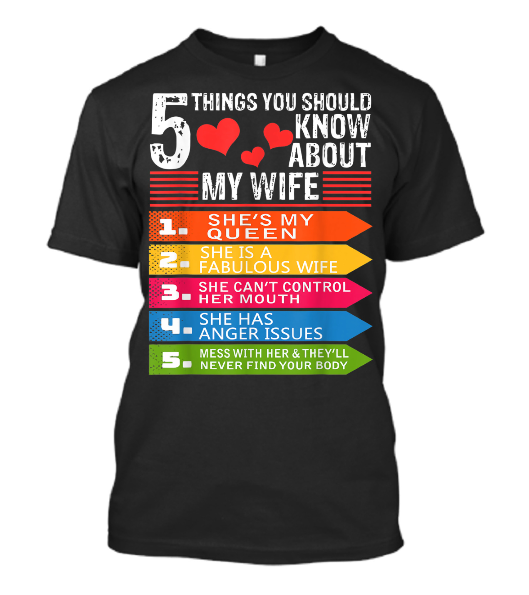 5 Things You Should Know About My Wife She's My Queen She Is A Fabulous Wife She Can't Control Her Mouth She Has Anger Issues Mess With Her And They'll Never Find Your Body T-Shirt