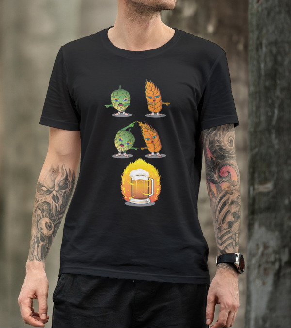 Funny Beer Fusion Hop And Malt Characters With Beer Mug Explosion T-Shirt