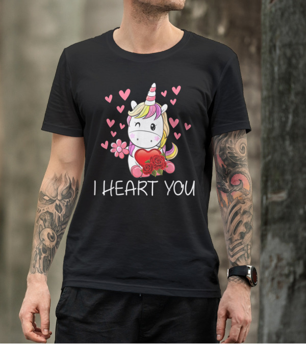 Girls Cute Unicorn I Heart You Valentines Day Hearts Roses T-Shirt