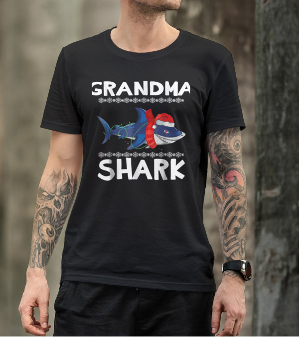 Grandma Shark Ugly Christmas With Santa Hat And Scarf T-Shirt