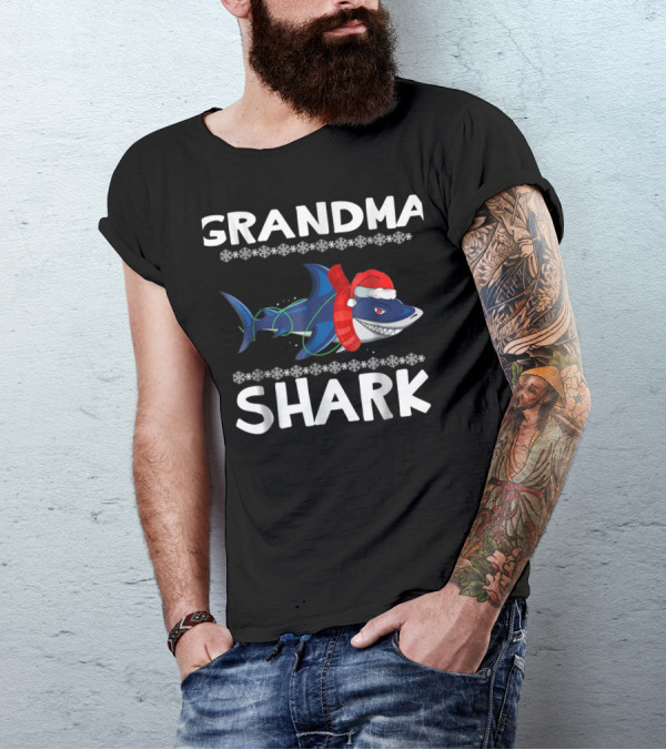 Grandma Shark Ugly Christmas With Santa Hat And Scarf T-Shirt
