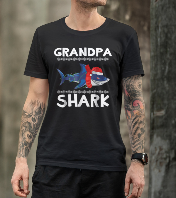 Grandpa Shark Christmas With Santa Hat And Holiday Lights T-Shirt