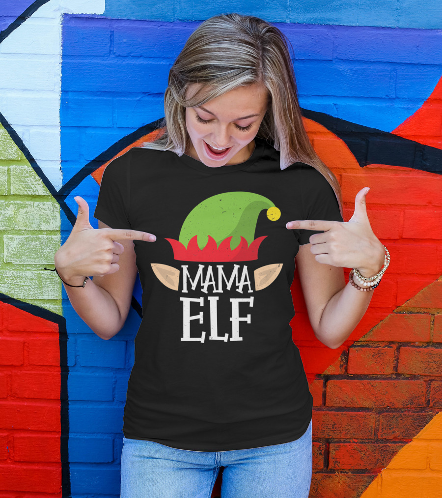 Mama Elf Christmas Matching Family Elves Hat And Ears T-Shirt