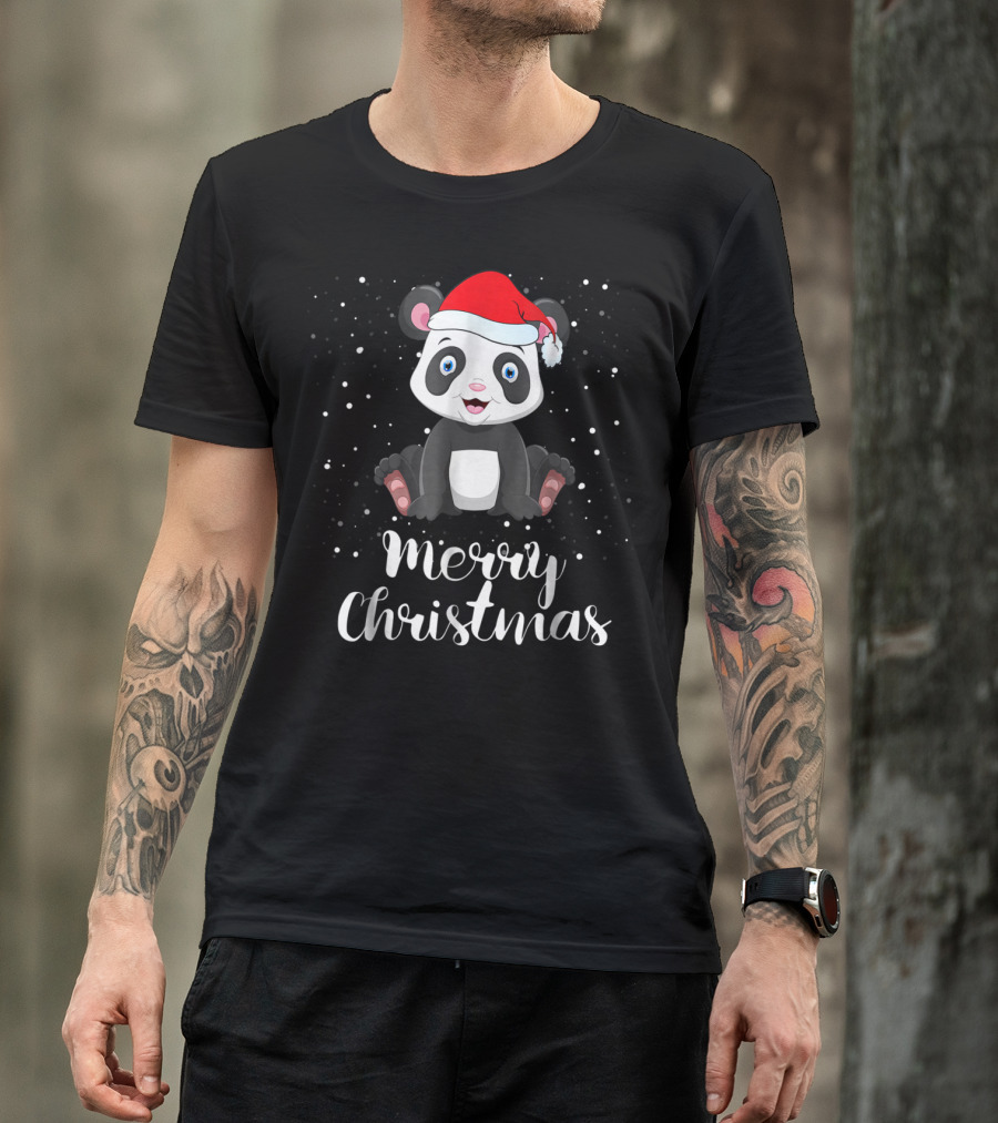 Merry Christmas Panda Bear Santa Hat Family Matching T-Shirt