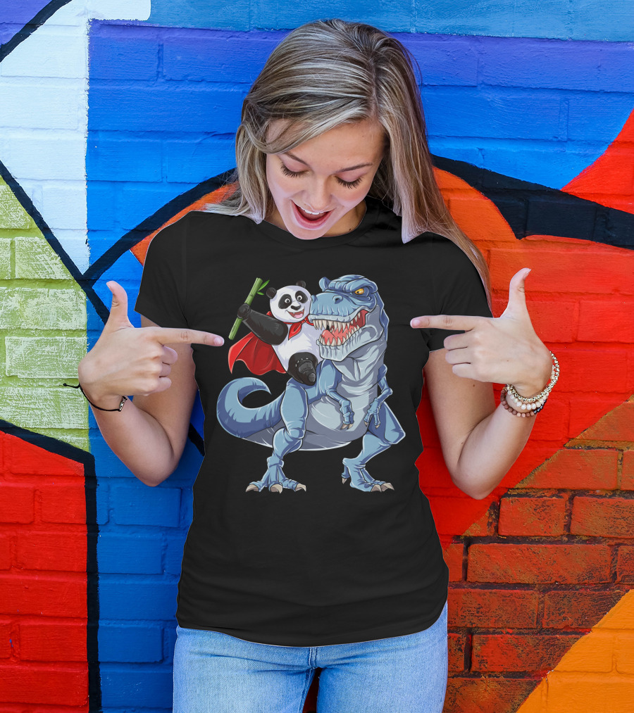 Panda Riding Dinosaur Rex Funny Pandas Bear 3 T-Shirt