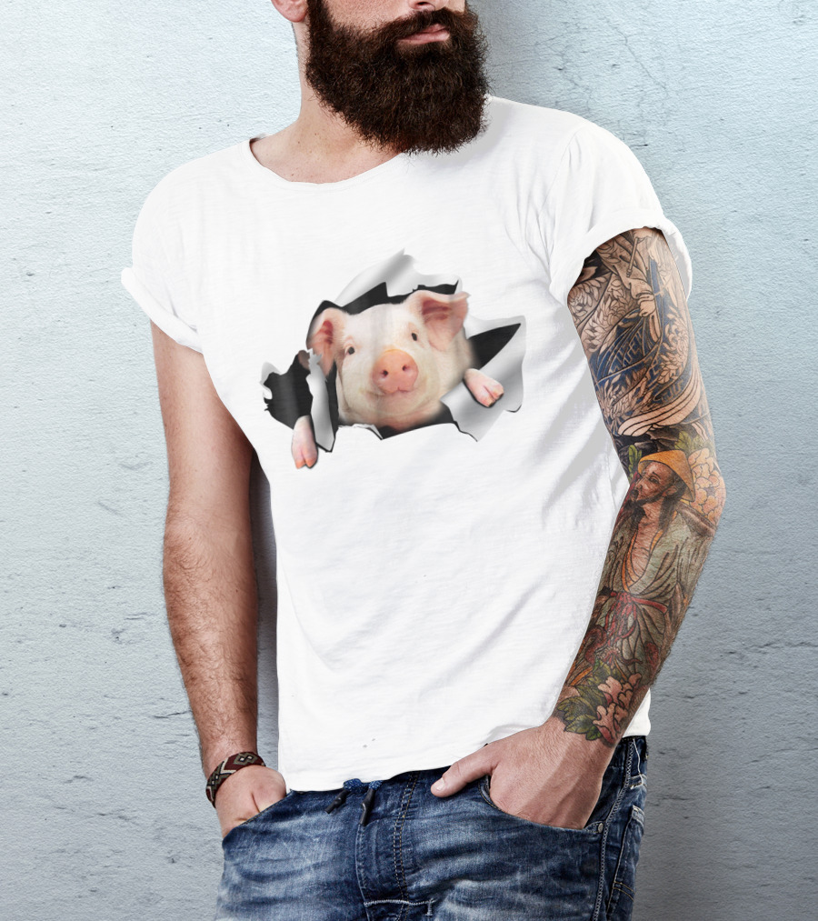 Pig Clawing Through Hole In Background Pig Farmer T-Shirt