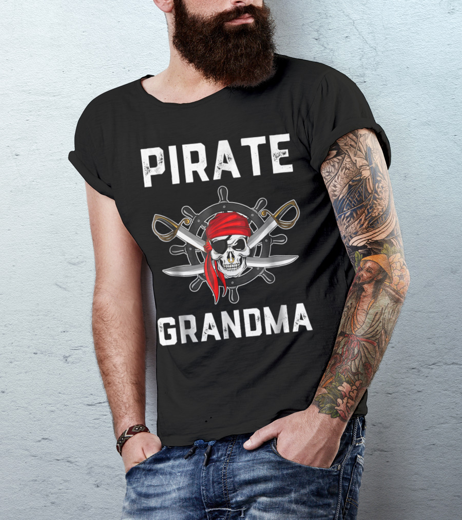 Pirate Grandma Skull Bandana Wheel Crossed Swords T-Shirt