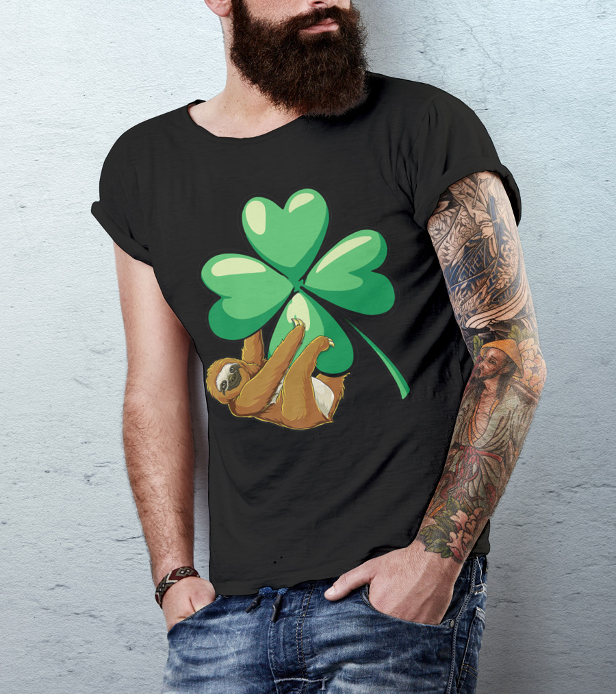 Sloth Hugging Shamrock St Patricks Day Women Girls Lucky Charm T-Shirt