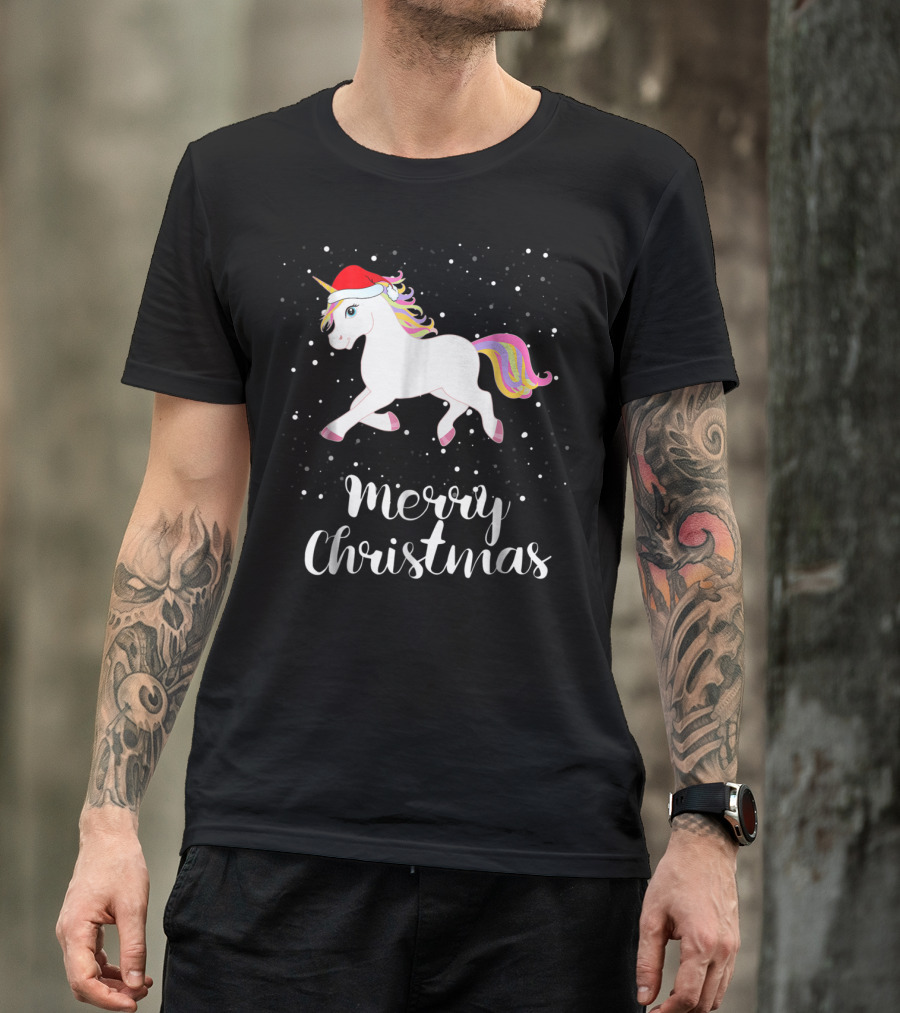 Merry Christmas Unicorn Santa Hat Family Group Matching T-Shirt