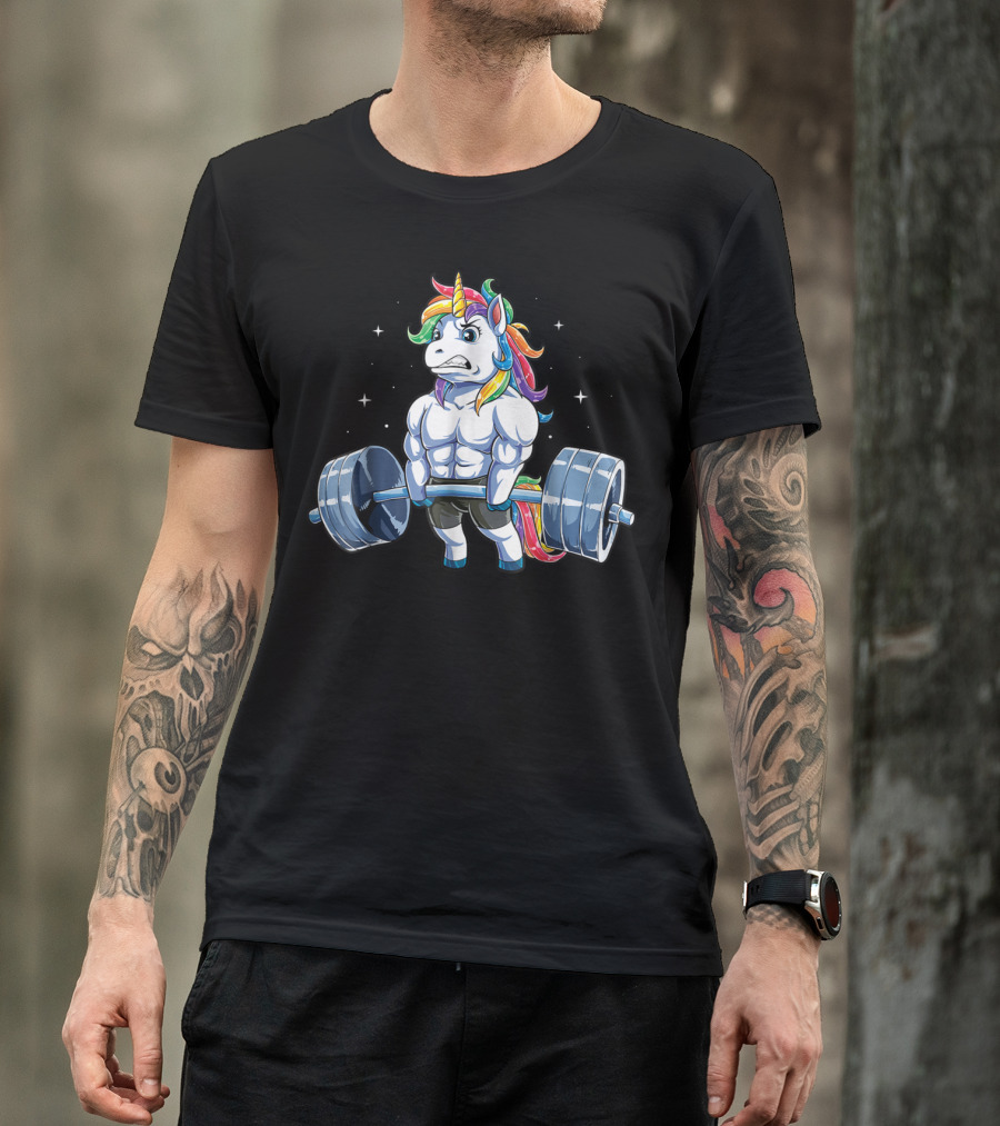 Unicorn Weightlifting Fitness Gym Deadlift Rainbow13 Muscular Mythical Beast Lifting Barbell T-Shirt