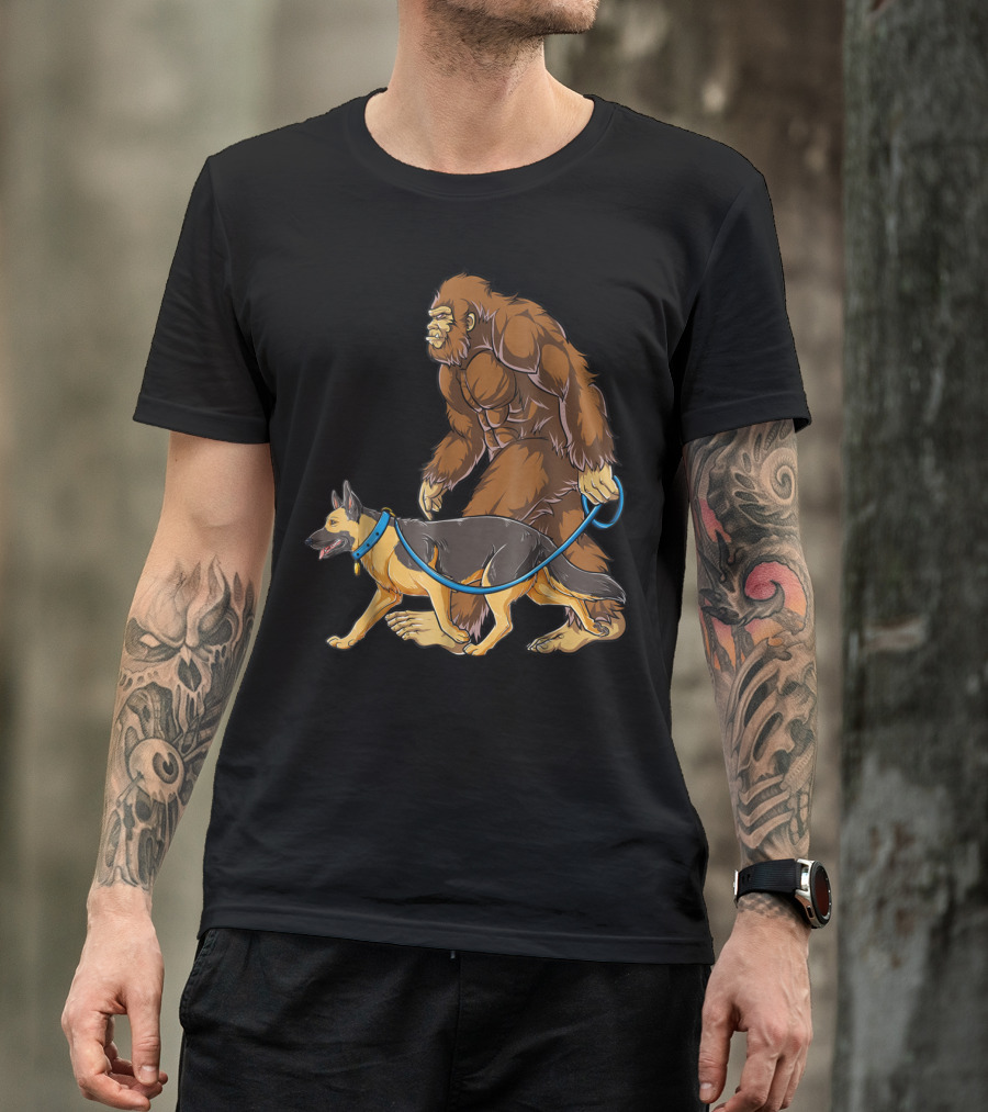 Bigfoot Sasquatch Walking German Shepherd Dog For Kids And Men T-Shirt