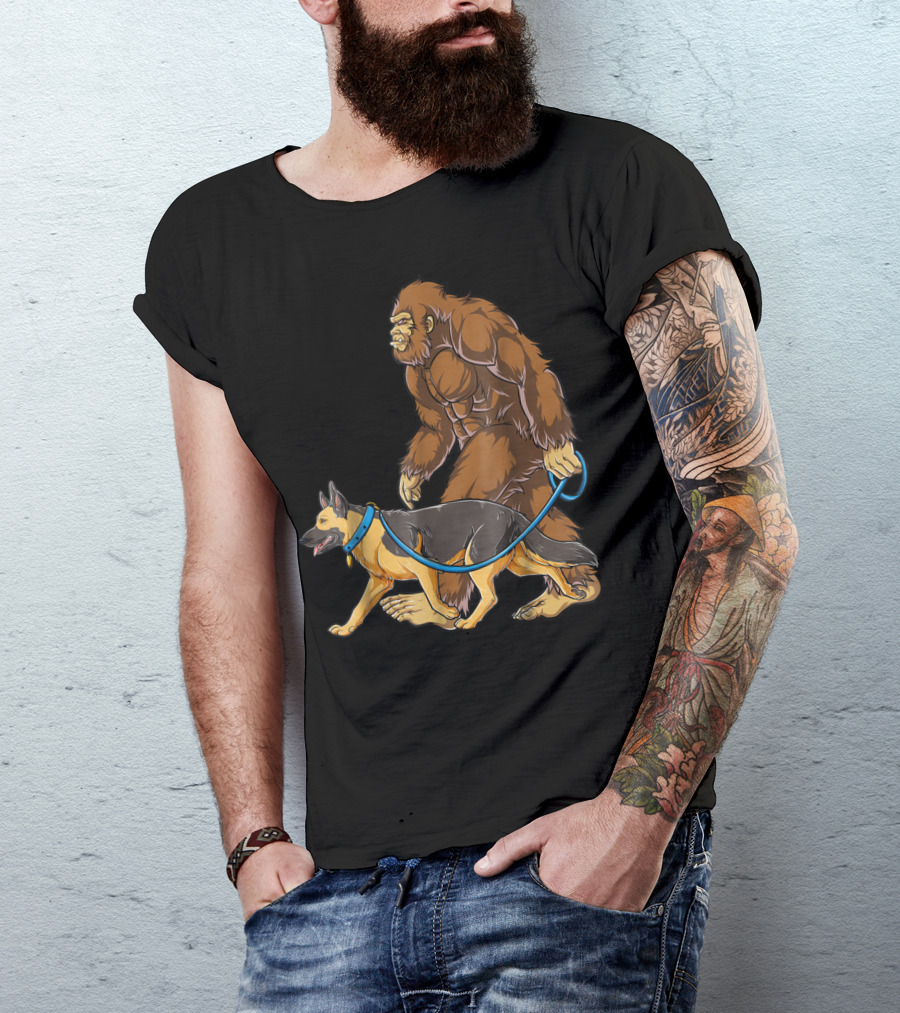 Bigfoot Sasquatch Walking German Shepherd Dog For Kids And Men T-Shirt