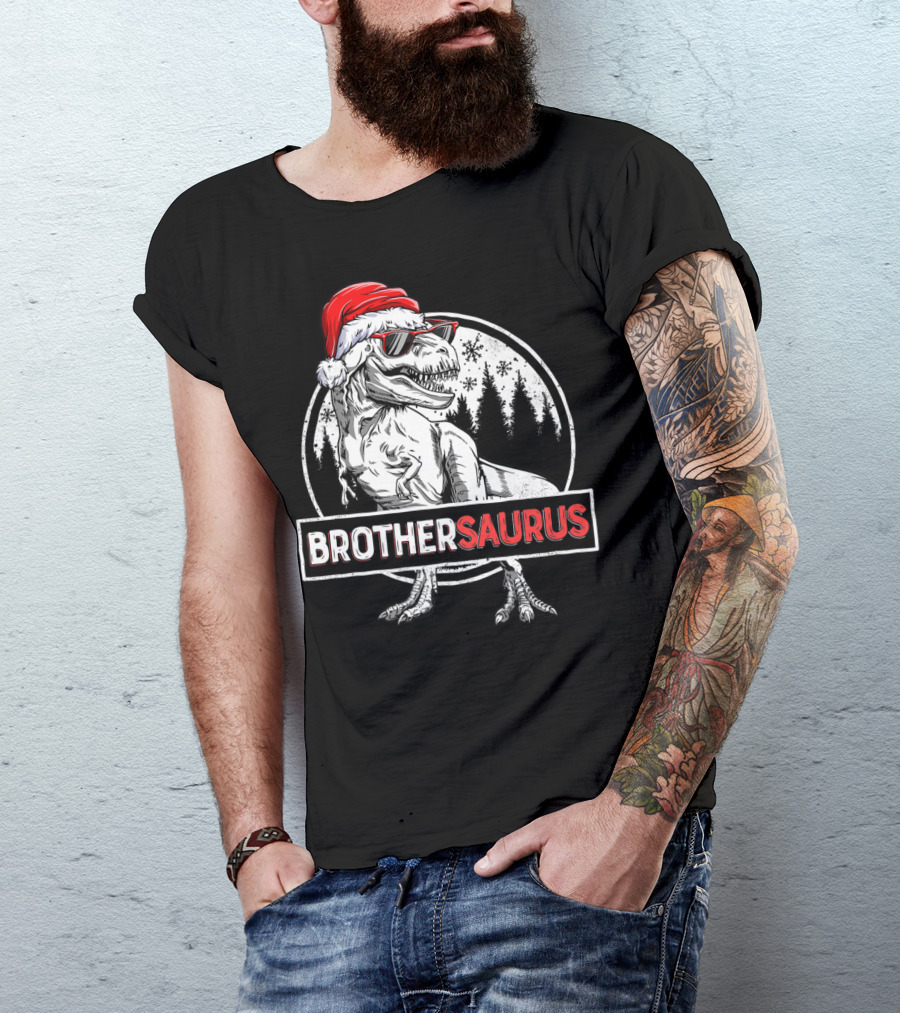 Brothersaurus Dinosaur Christmas Santa Hat Snowflakes Family Tees18 T-Shirt