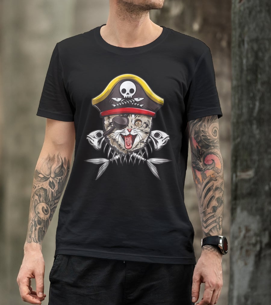 Cat Pirate Jolly Roger Flag Skull Crossbones Captain15 Eye Patch Fish Bones Hat Skull T-Shirt