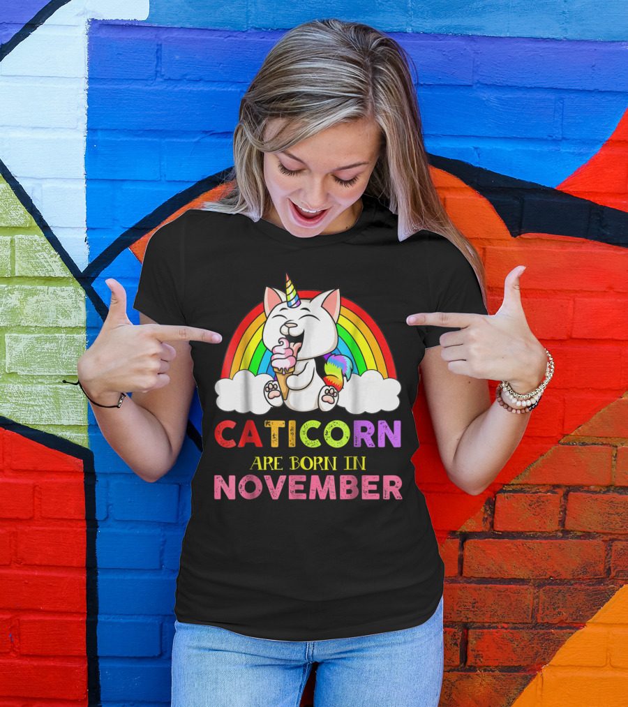 Caticorn Are Born In November Rainbow Ice Cream Cloud Cat Unicorn T-Shirt