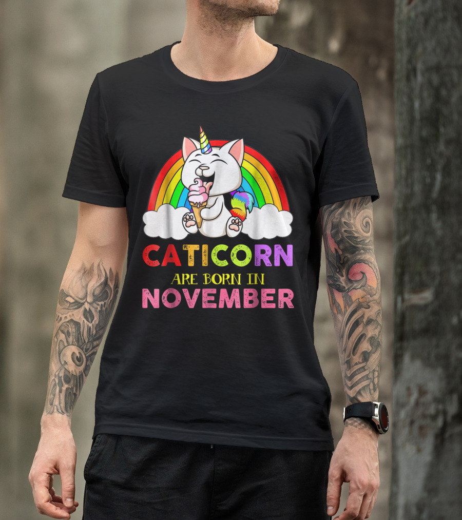 Caticorn Are Born In November Rainbow Ice Cream Cloud Cat Unicorn T-Shirt