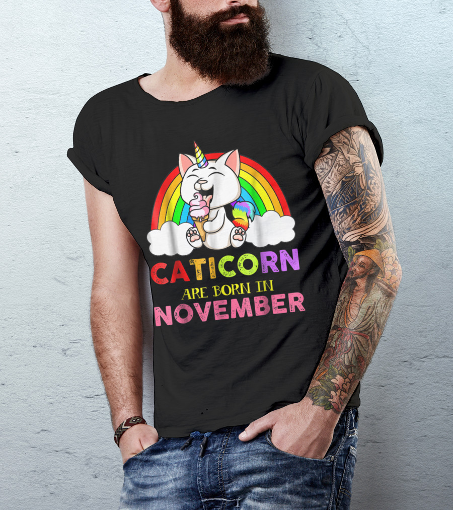 Caticorn Are Born In November Rainbow Ice Cream Cloud Cat Unicorn T-Shirt