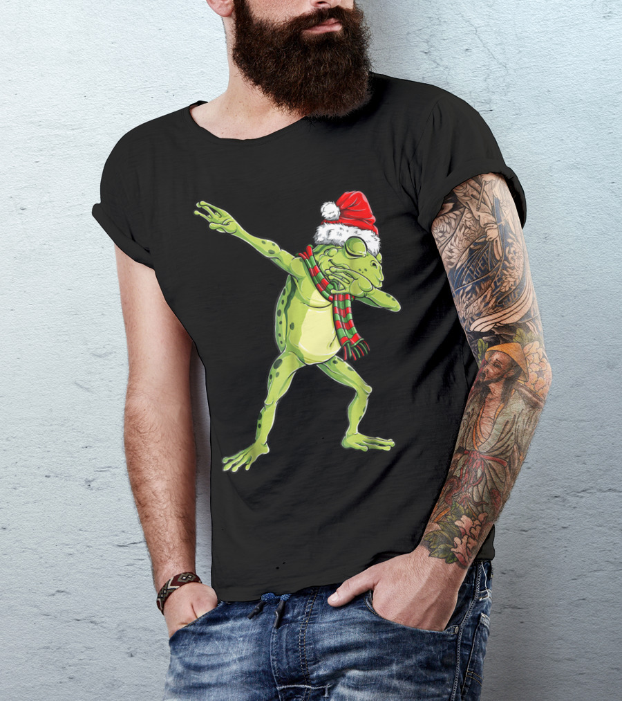 Christmas Dabbing Frog With Santa Hat And Scarf T-Shirt