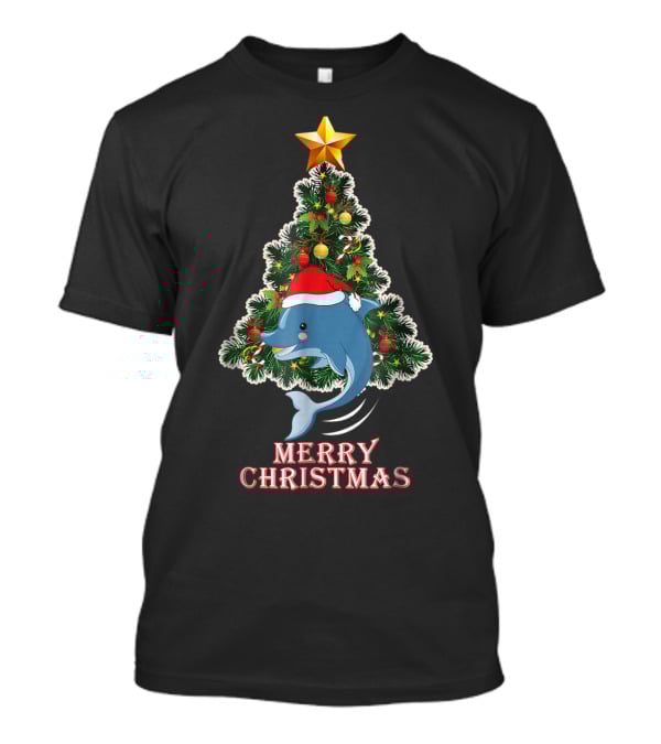 Merry Christmas Dolphin Tree With Santa Hat For Xmas T-Shirt