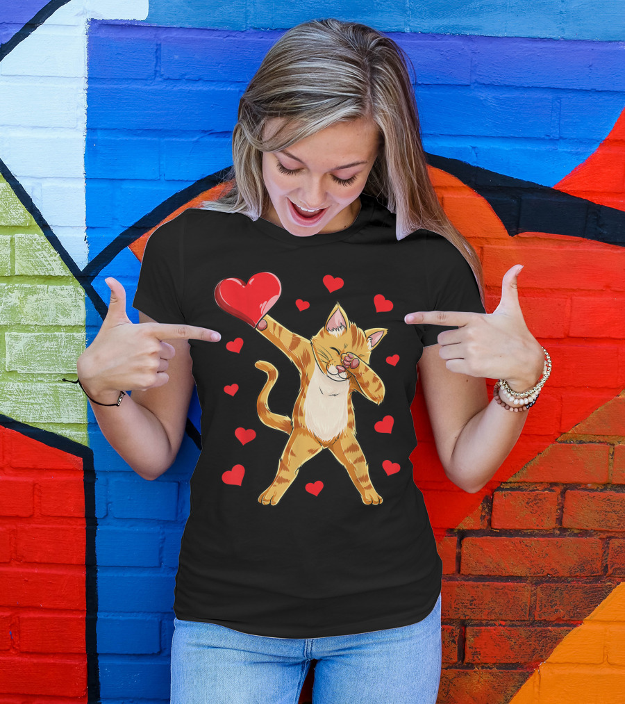 Dabbing Cat Heart Valentines Day Girls Kitten Lover 14 T-Shirt