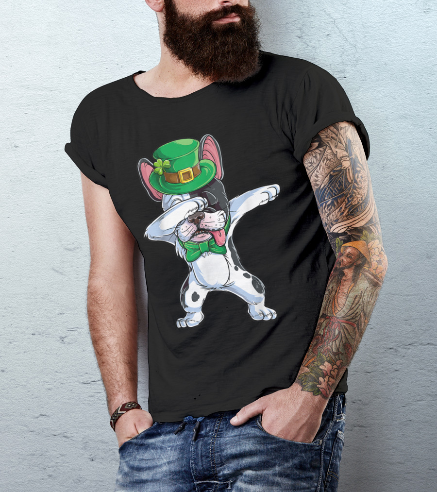 Dabbing French Bulldog St Patricks Day Leprechaun Hat Bow Tie T-Shirt