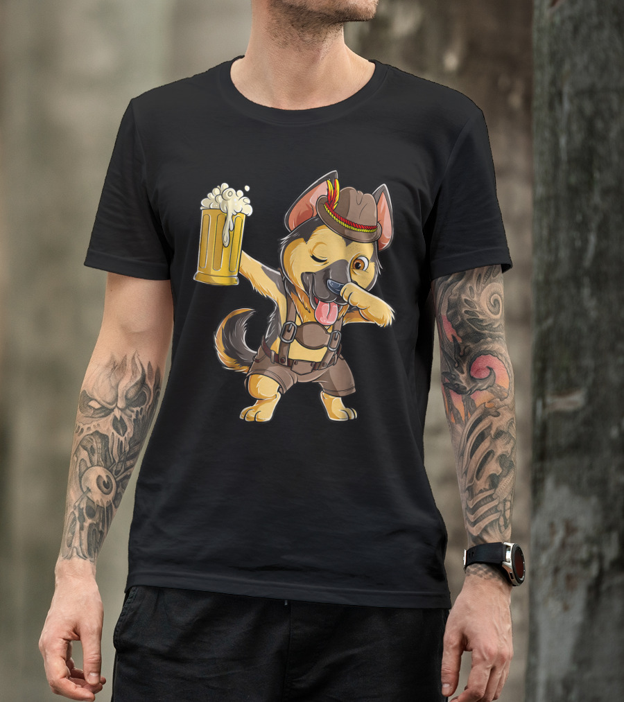 Dabbing German Shepherd Dab Men Prost Drinking Beer Oktoberfest Lederhosen T-Shirt