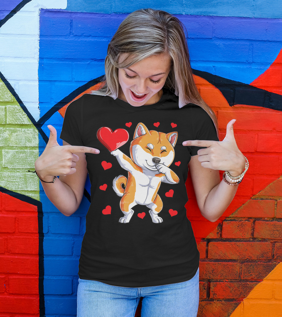 Dabbing Shiba Inu Holding Heart Valentines Day Dog Lover Boys T-Shirt