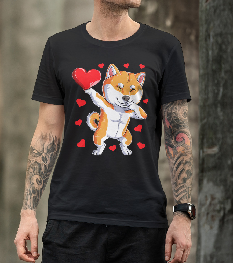 Dabbing Shiba Inu Holding Heart Valentines Day Dog Lover Boys T-Shirt