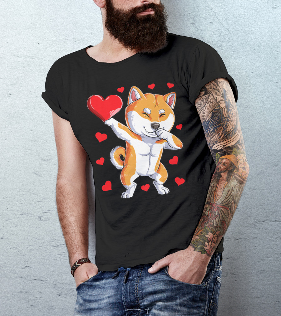 Dabbing Shiba Inu Holding Heart Valentines Day Dog Lover Boys T-Shirt
