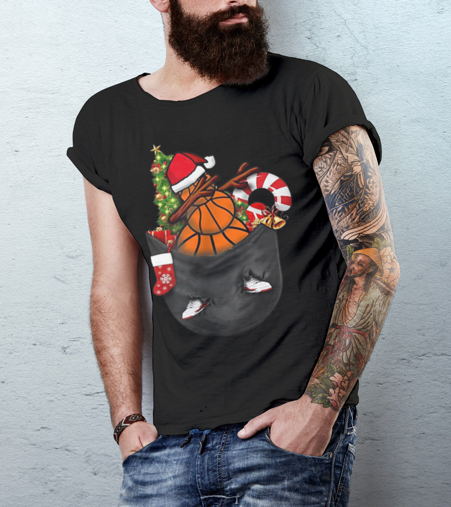Dabbing Snowman Basketball Santa Hat Christmas Pocket T-Shirt